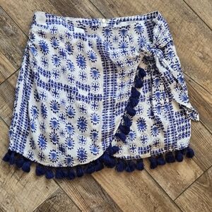 Forever 21 White and Blue Tassel Wrap Mini Skirt